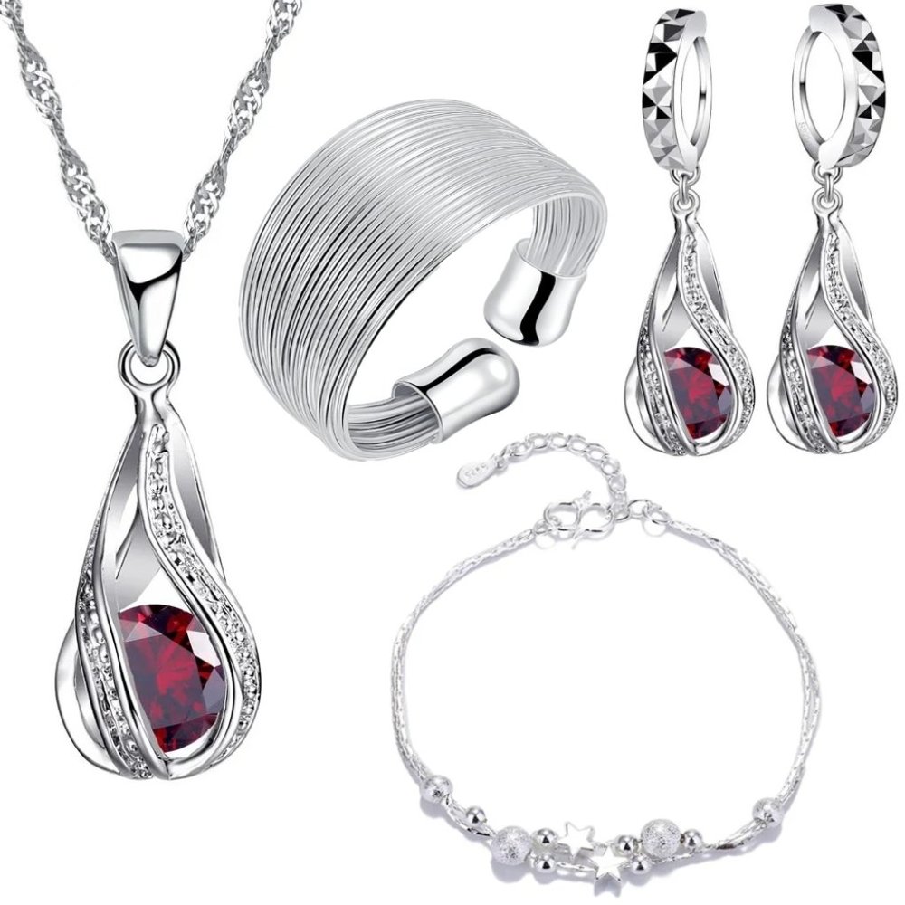 🌟 Earrings Necklace Bracelet And Ring Adjustable 925 Sterling Silver Set Bundle